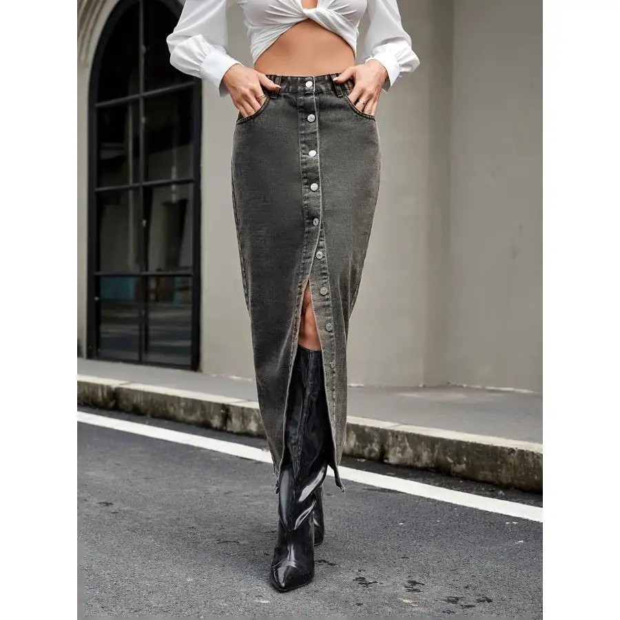 Button Up High Rise Denim Skirt