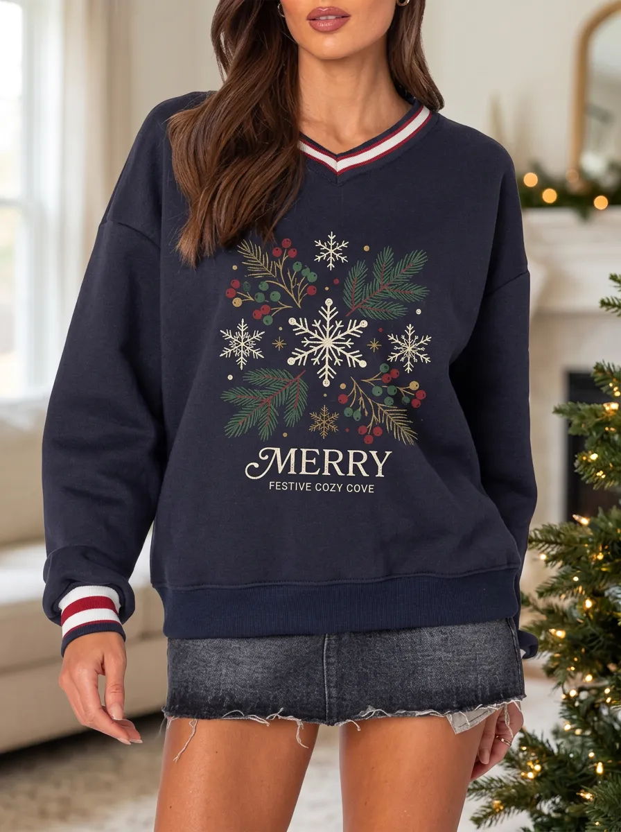 Christmas Snowflake Pine Berry Print Sweatshirt