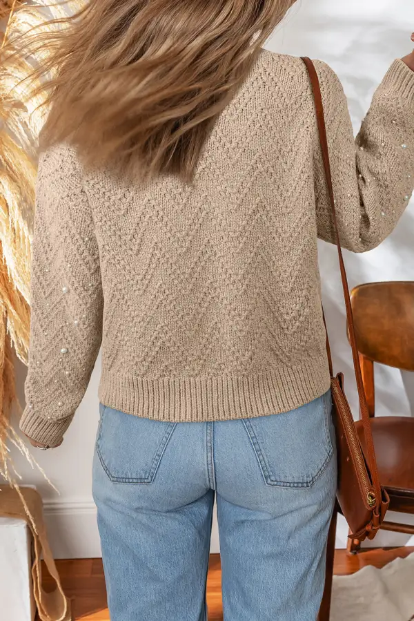 Pearl Embellished Button Front V Neck Cardigan