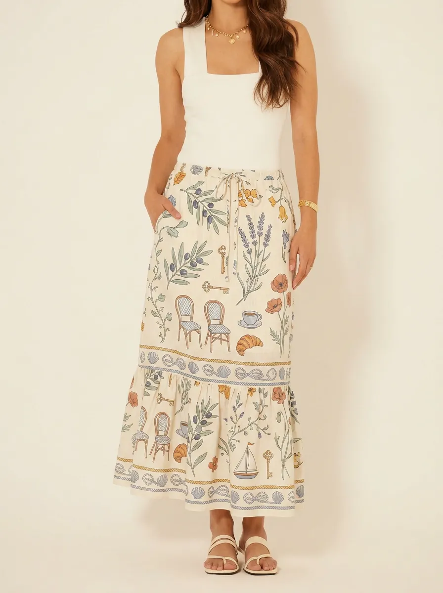 Women's French Riviera Aesthetic Olive Floral Printed Midi Skirt