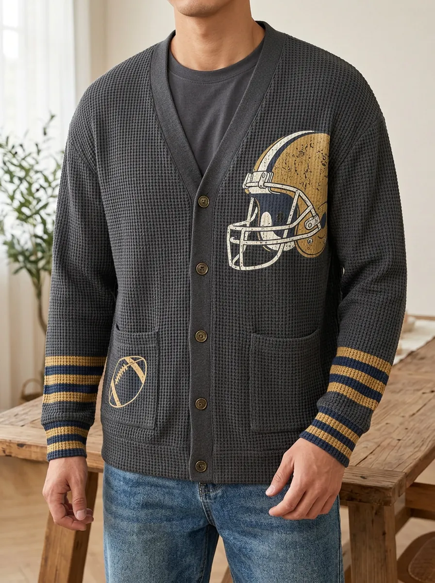 Men's Heritage Football Fan Helmet Printed Waffle Knit Cardigan