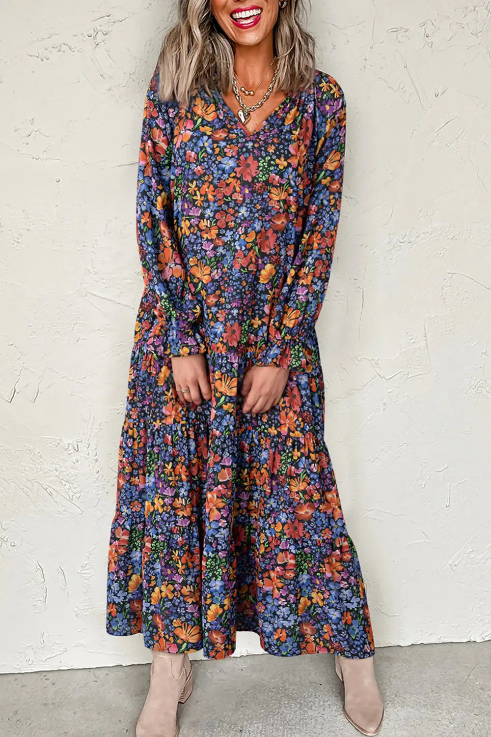 Maxi Floral Print Tassel Tie V Neck Long Sleeve