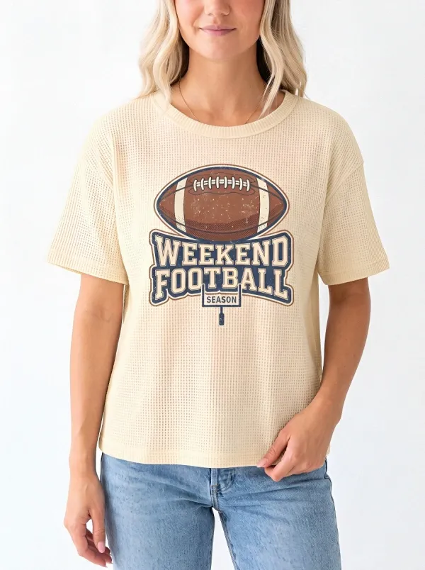 Women's Football Fan Weekend Football Season Printed Waffle T-Shirt