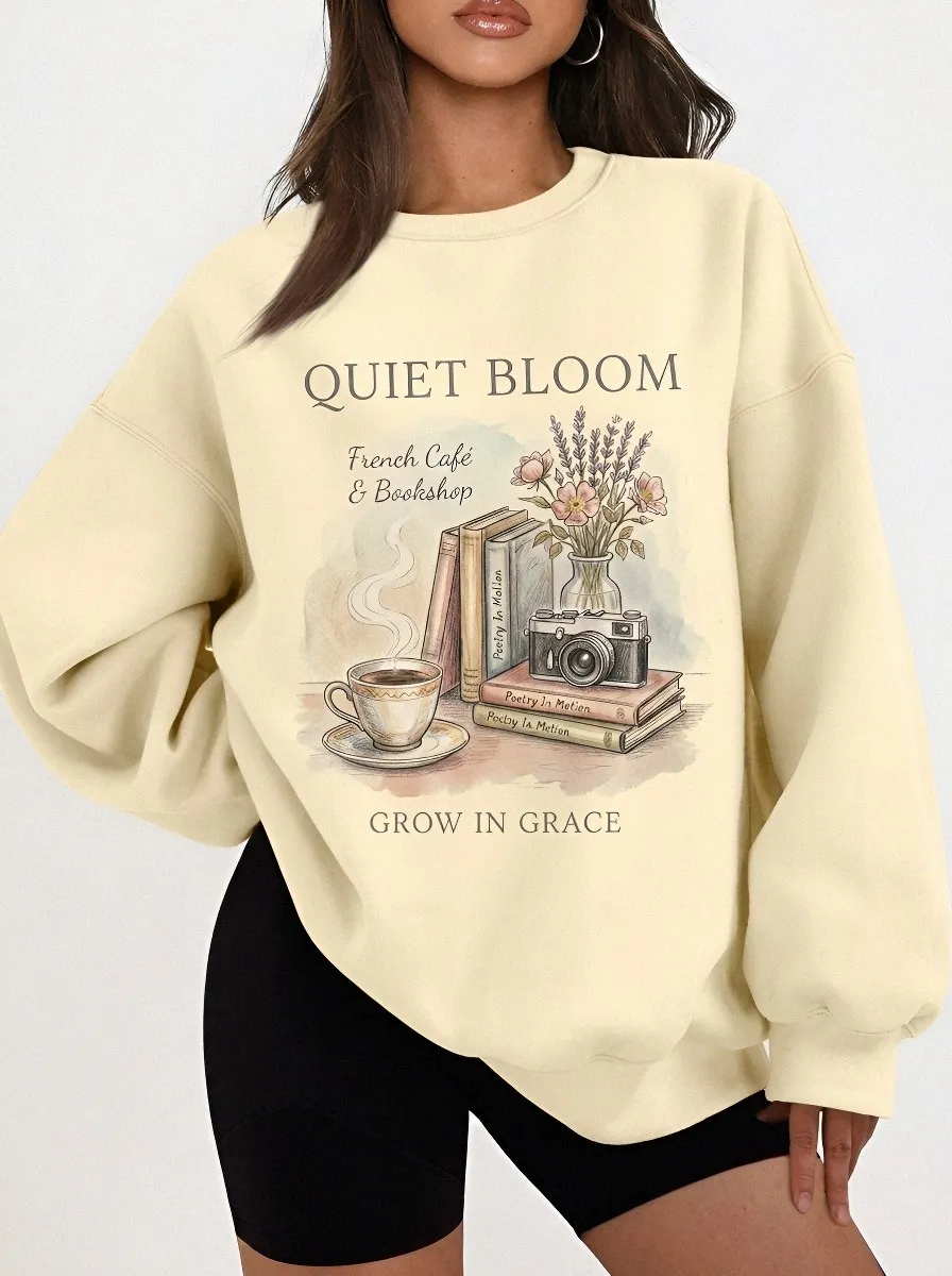 Women's Book Lover French Cafe Floral Camera Printed Sweatshirt