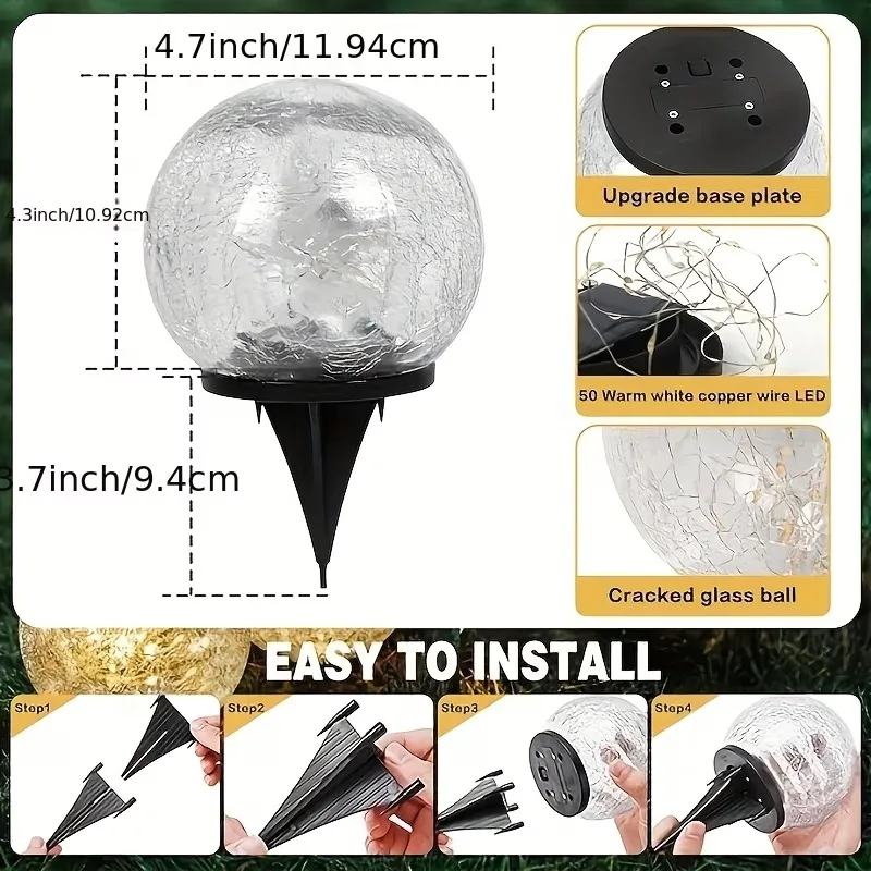 2Pcs Solar Crackle Glass Ball Light