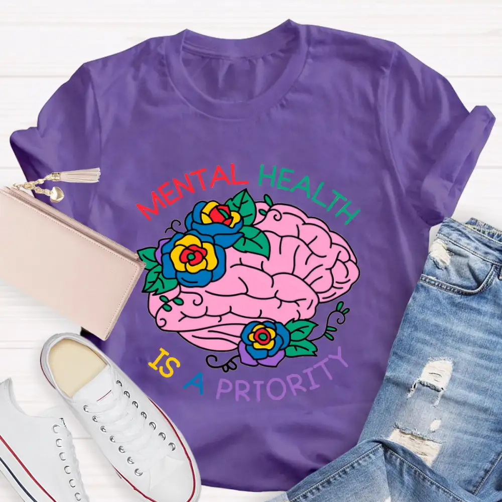 Mental Health Is A Priority Floral Brain T-Shirt