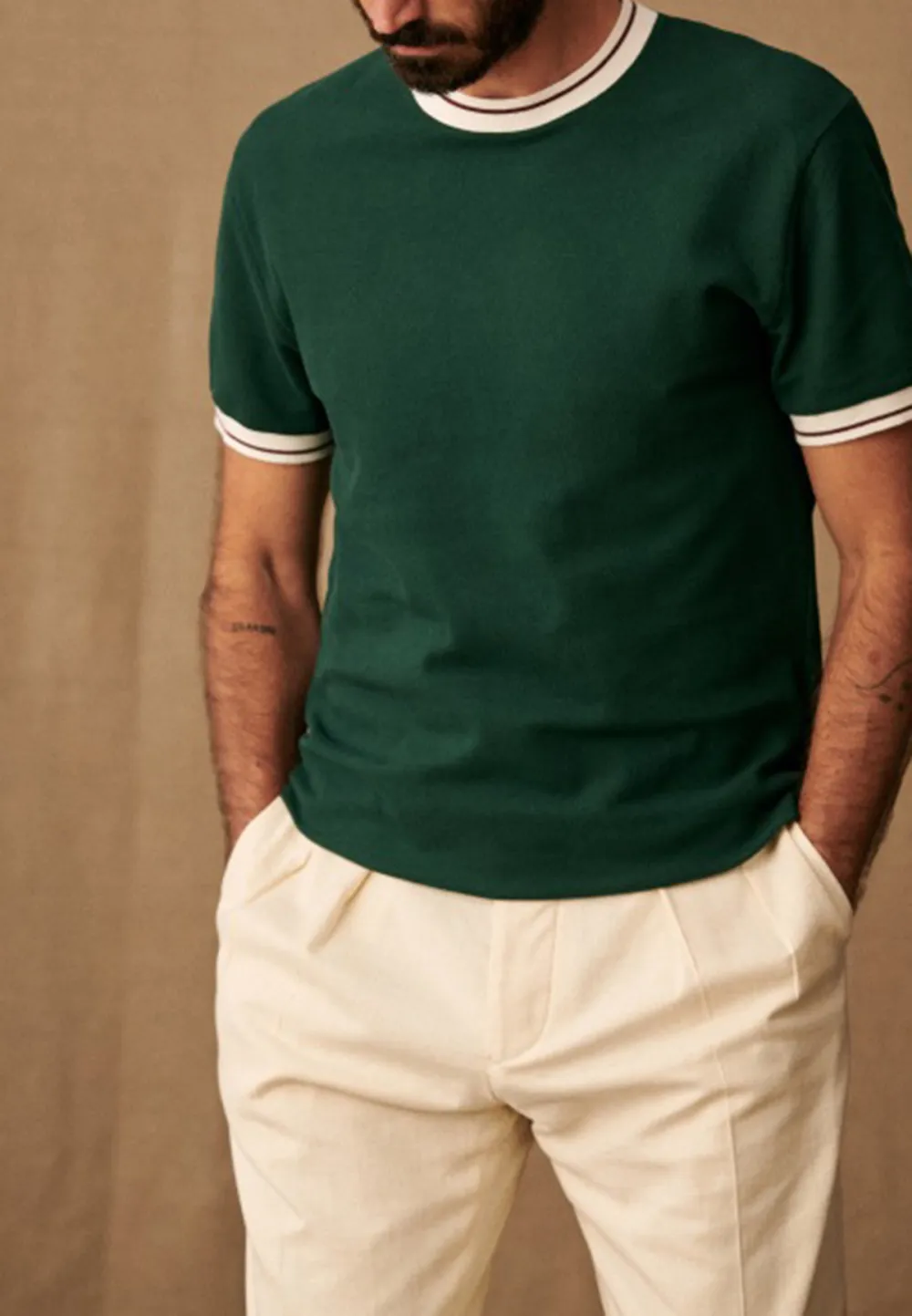 Dark Green Ringer Crew Neck Casual T-Shirt