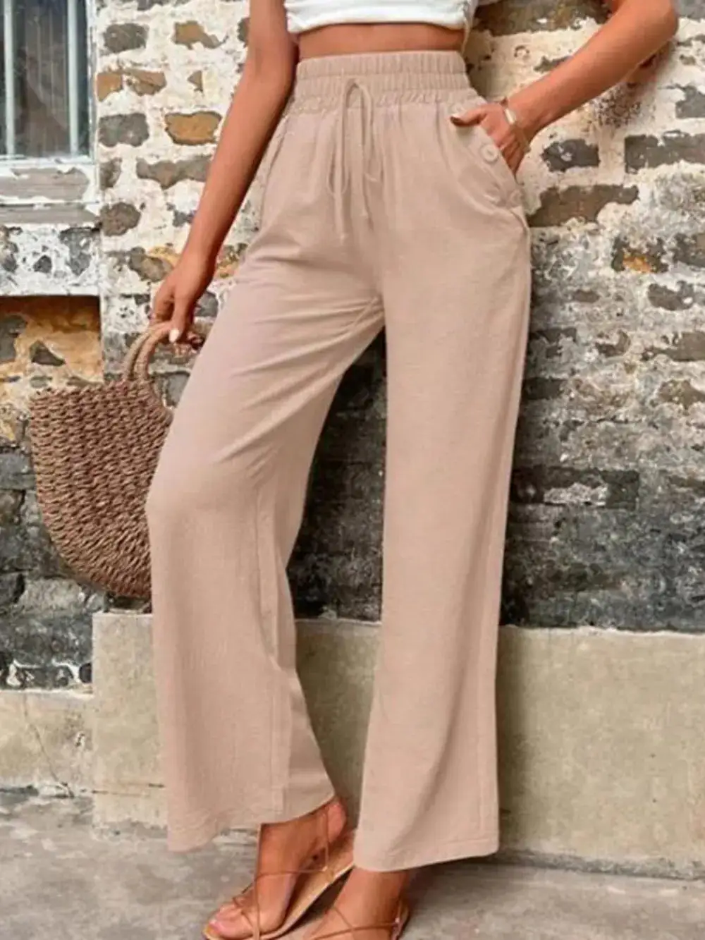 Wide Leg High Waist Tie Waist Pocketed Pants