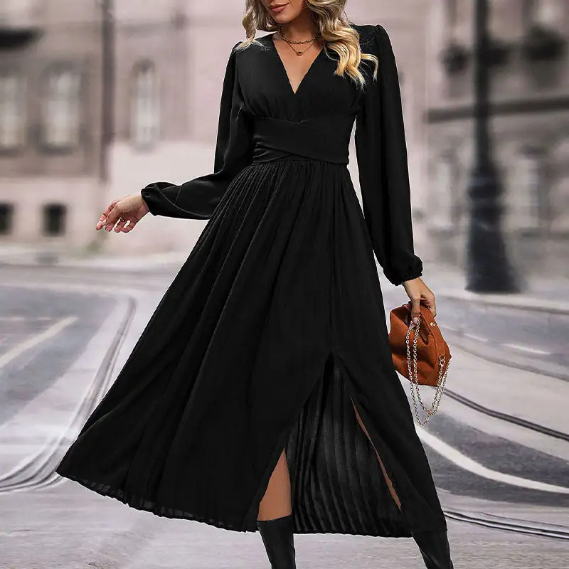 Women's V-Neck Long-Sleeve Lace Asymmetric Maxi Dress