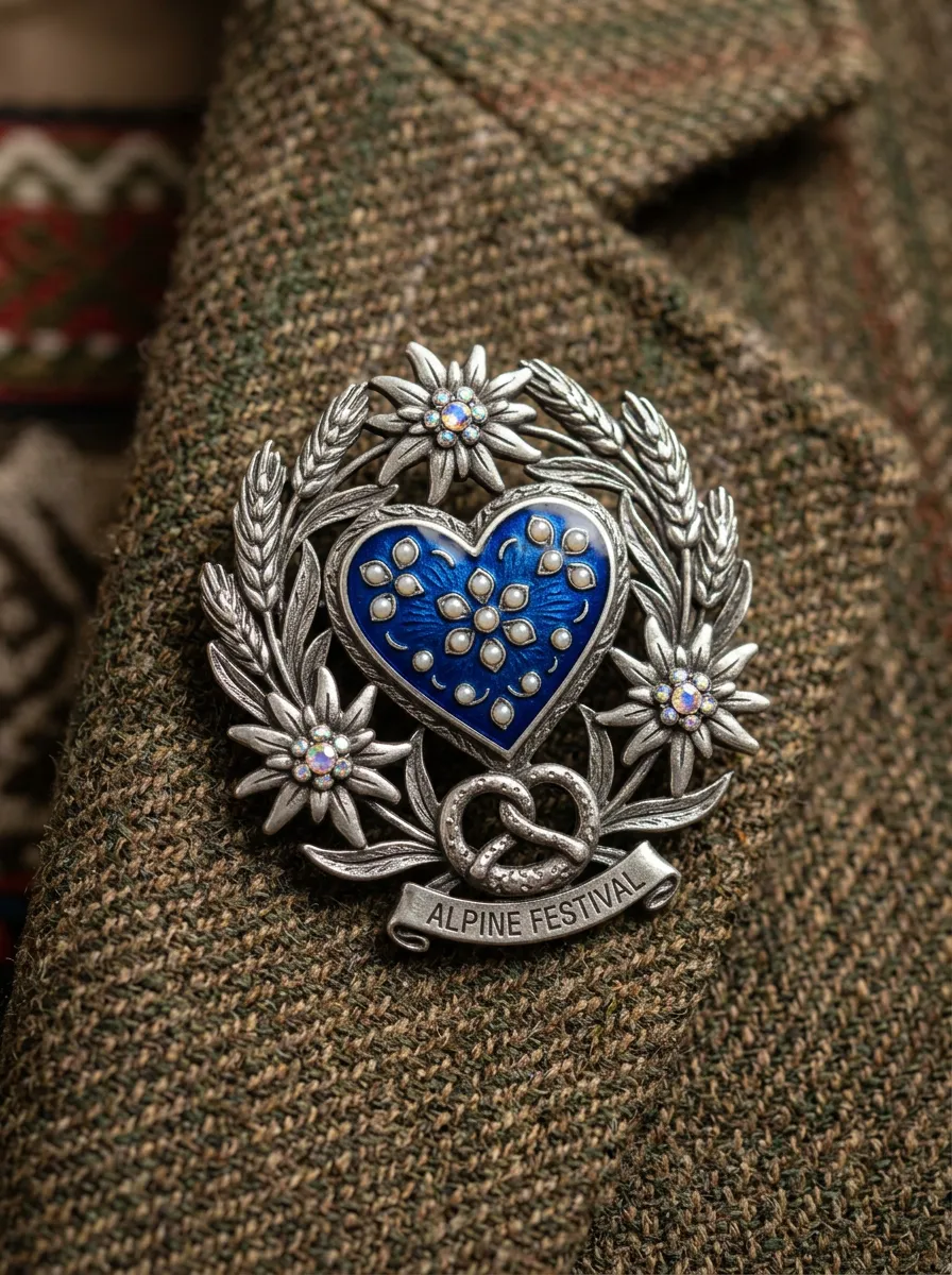Edelweiss Heart Enamel Floral Bavarian Oktoberfest Brooch Pin