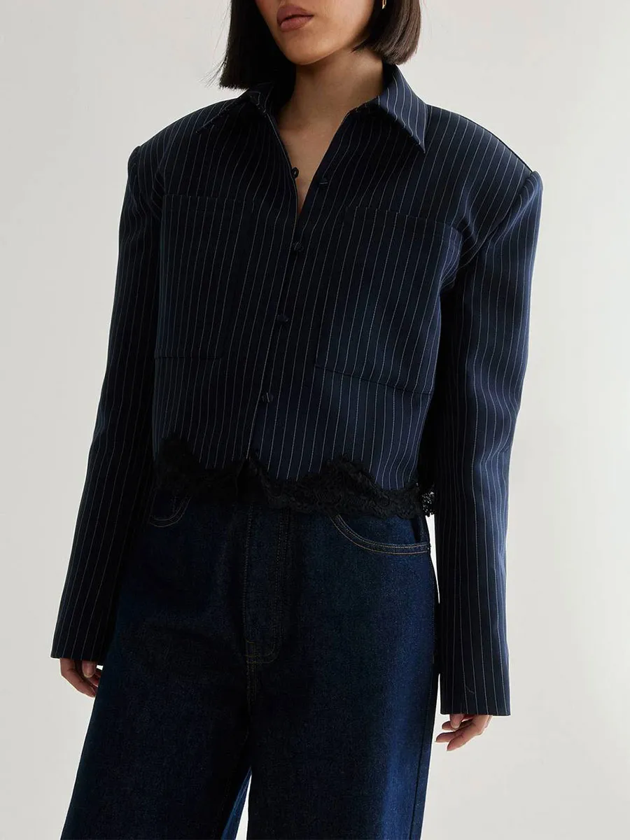Women's Navy Striped & Lace-Paneled Cropped Shirt