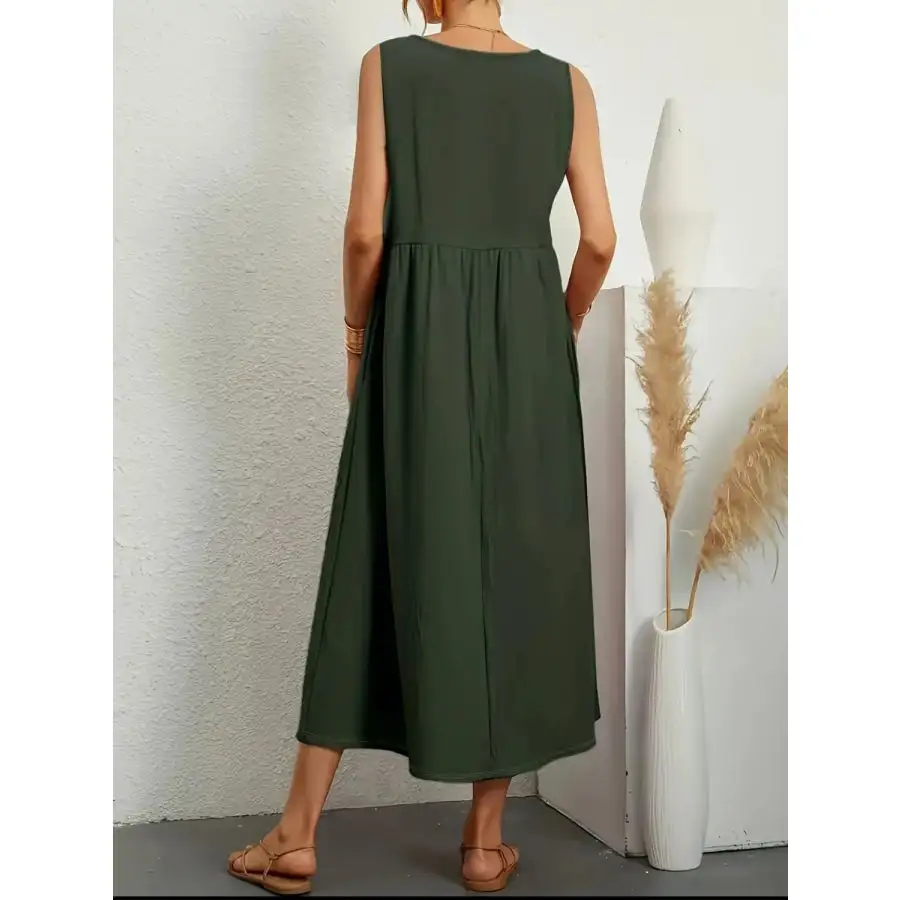Full Size Pocketed V-Neck Sleeveless Midi Dress Plus Size