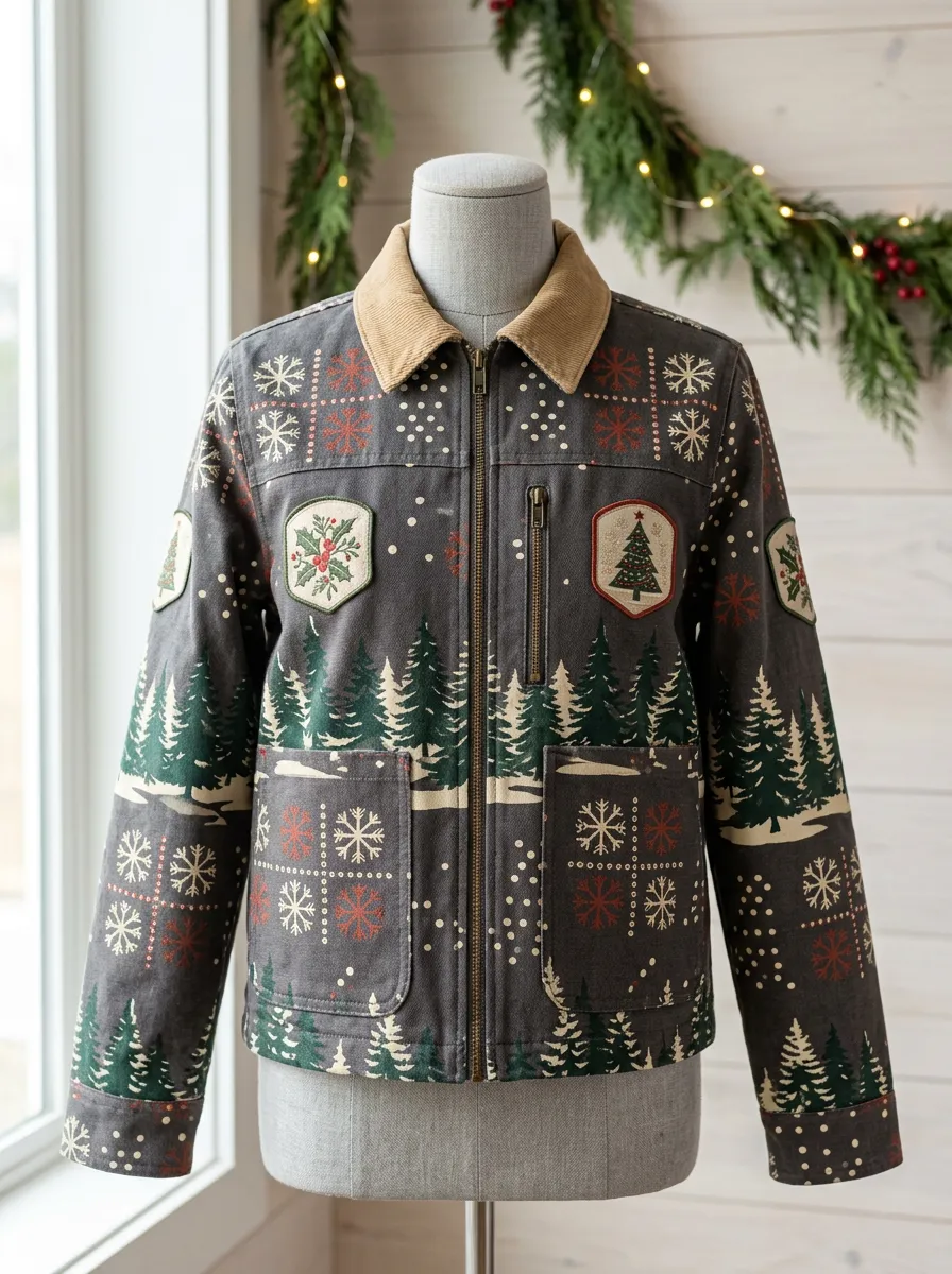 Unisex Christmas Holiday Pine Tree Snowflake Print Jacket