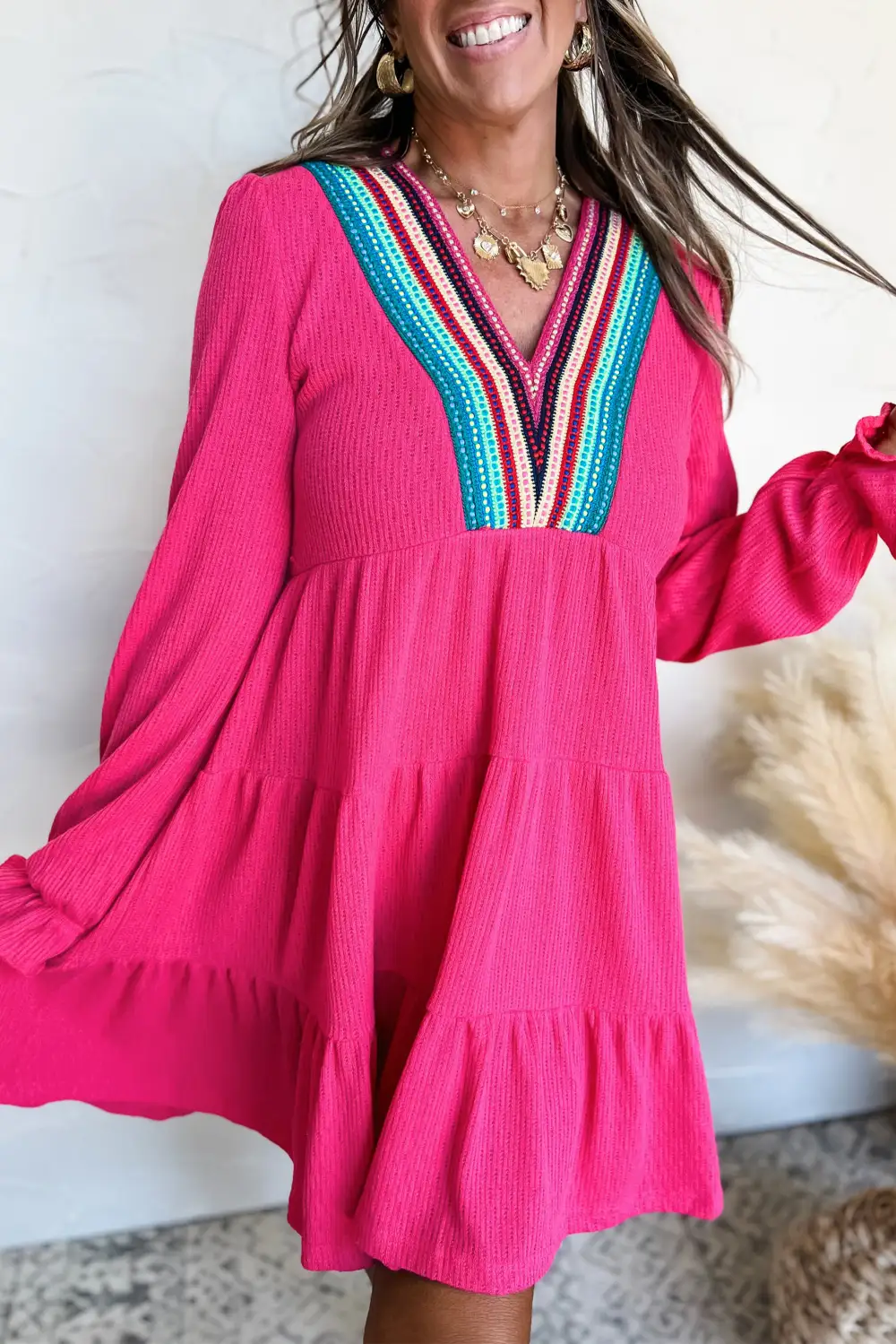Textured Ruffle Trim Tiered Mini Dress
