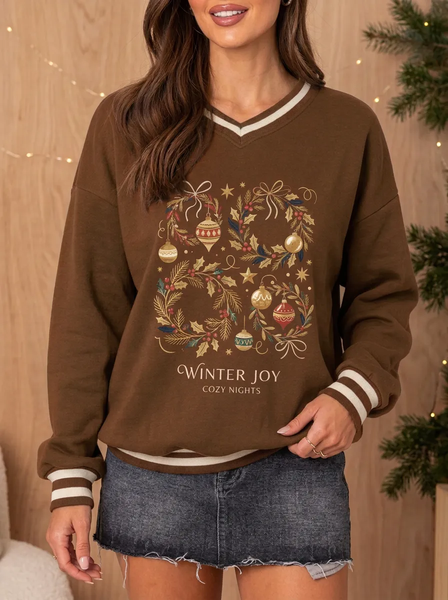 Christmas Winter Joy Wreath Ornaments Print Sweatshirt