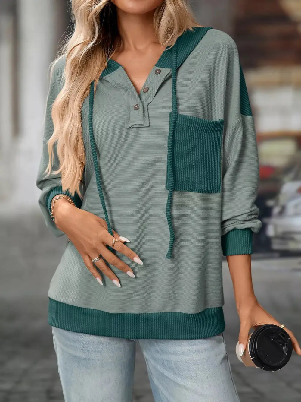 Refined Drawstring Buttoned Pocketed Colorblock Hoodie