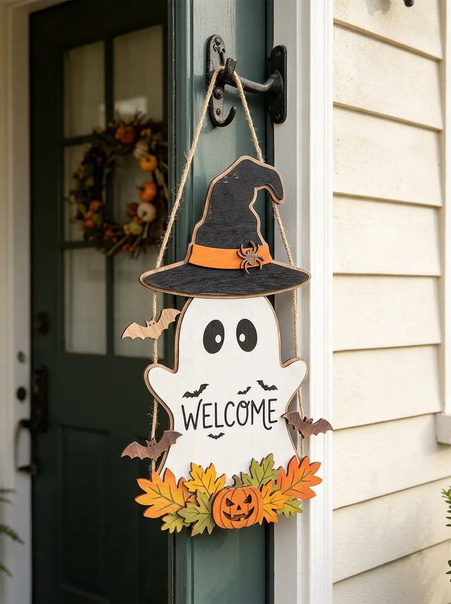 Halloween Ghost Witch Hat Welcome Hanging Door Sign