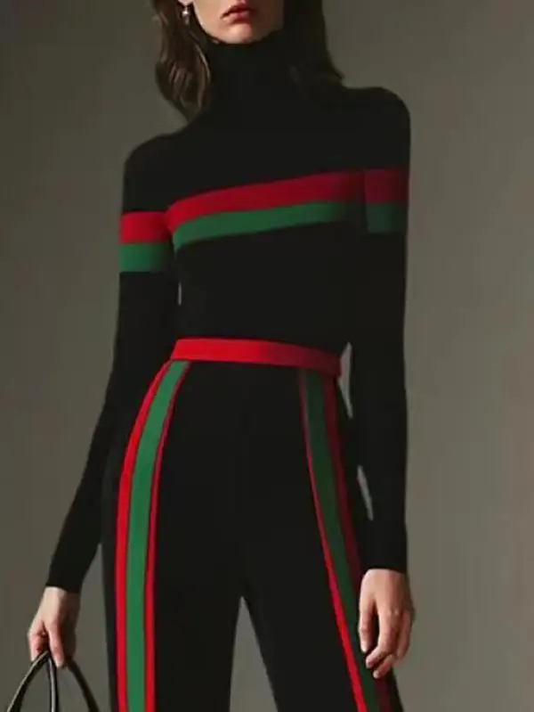 Long Sleeve Slim Fit Panel Detail Stripe High Neck T-Shirt