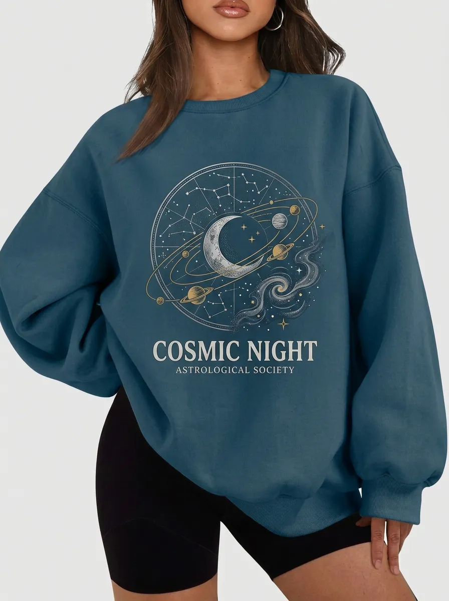 Women's Astrology Cosmic Night Moon Planet Printed T-shirt