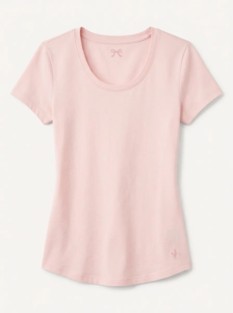 Women's Pastel Pink Bow Embroidered Crew Neck T-shirt