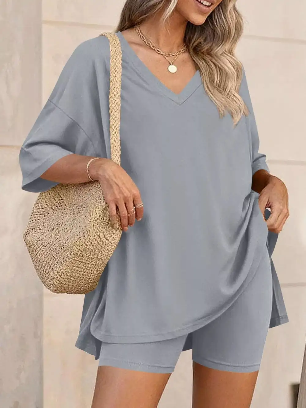 Casual Loose V Neck T Shirt Shorts Sets
