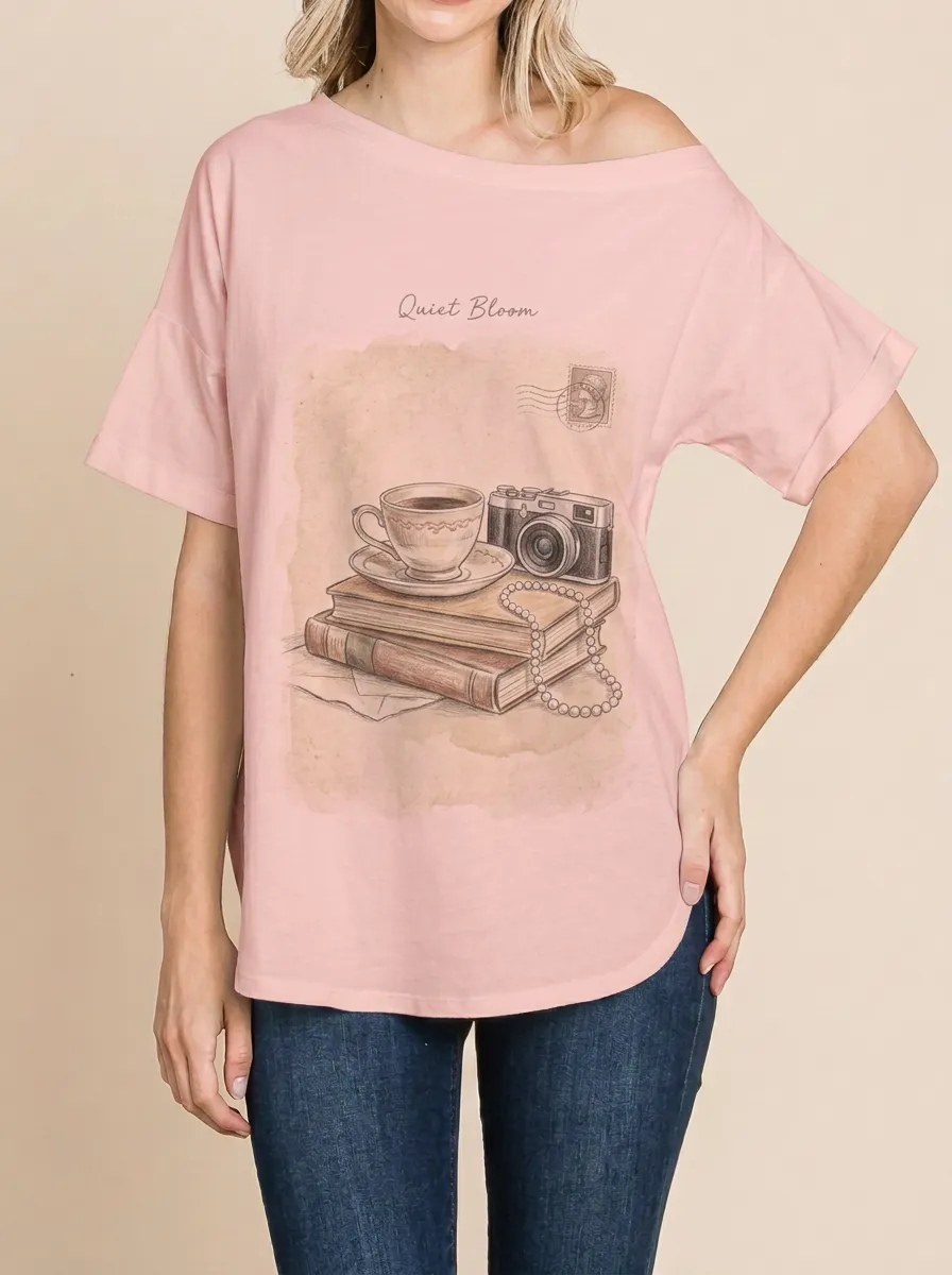 Women's Vintage Aesthetic Coffee Camera Books Printed T-shirt