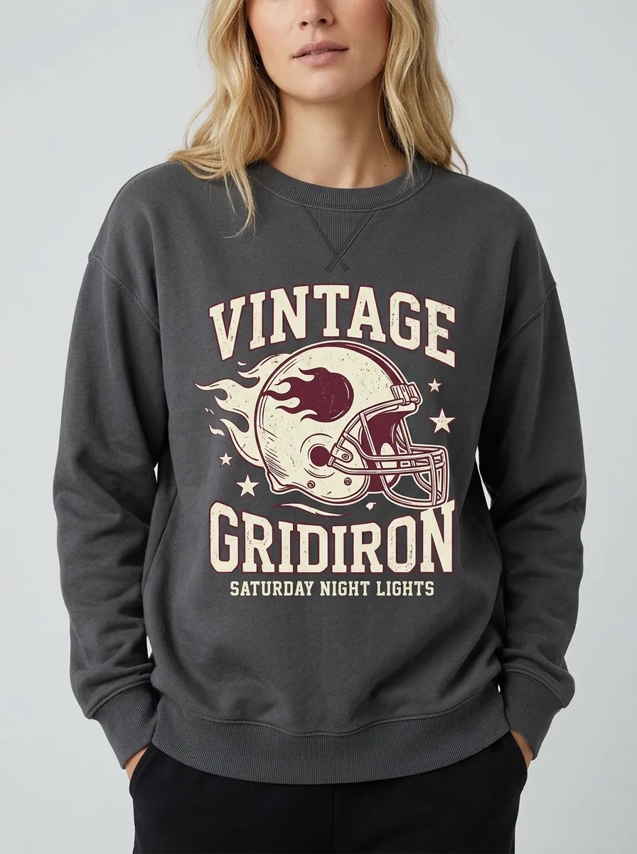 Women's Football Lover Vintage Gridiron Flaming Helmet Graphic Sweatshirt