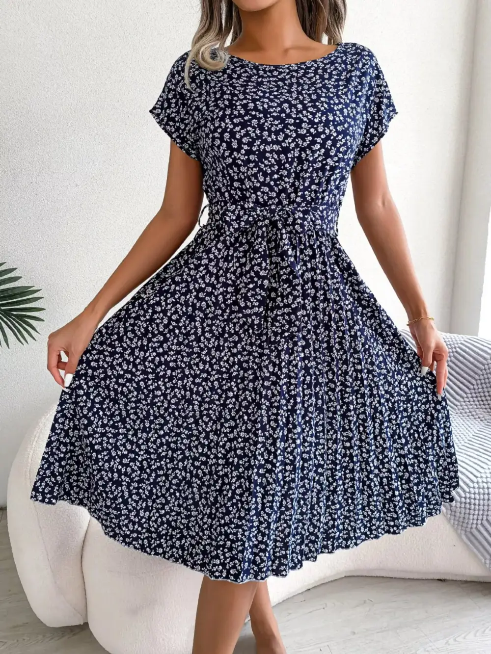 Pleated Midi Dress with Belt