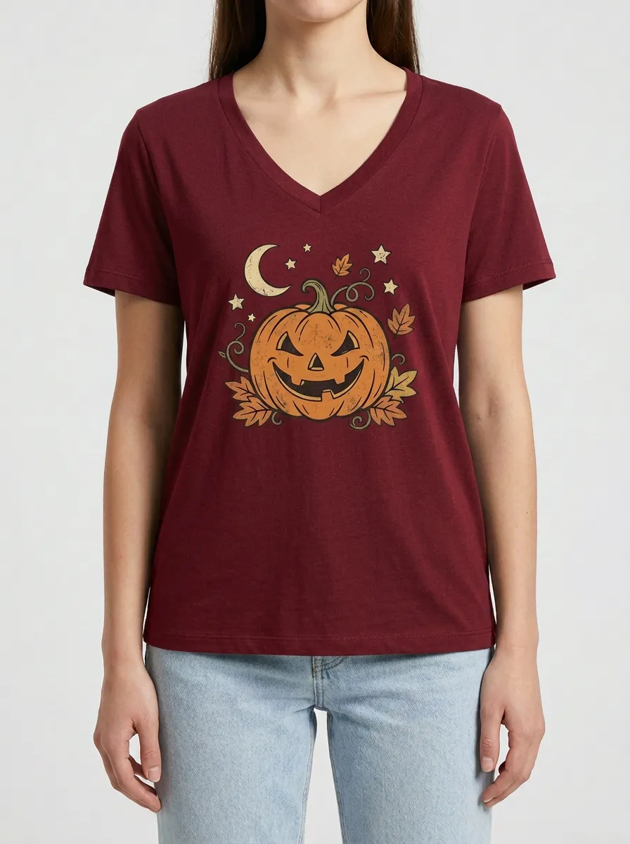 Women's Halloween Pumpkin Moon Leaves Printed V-neck T-shirt