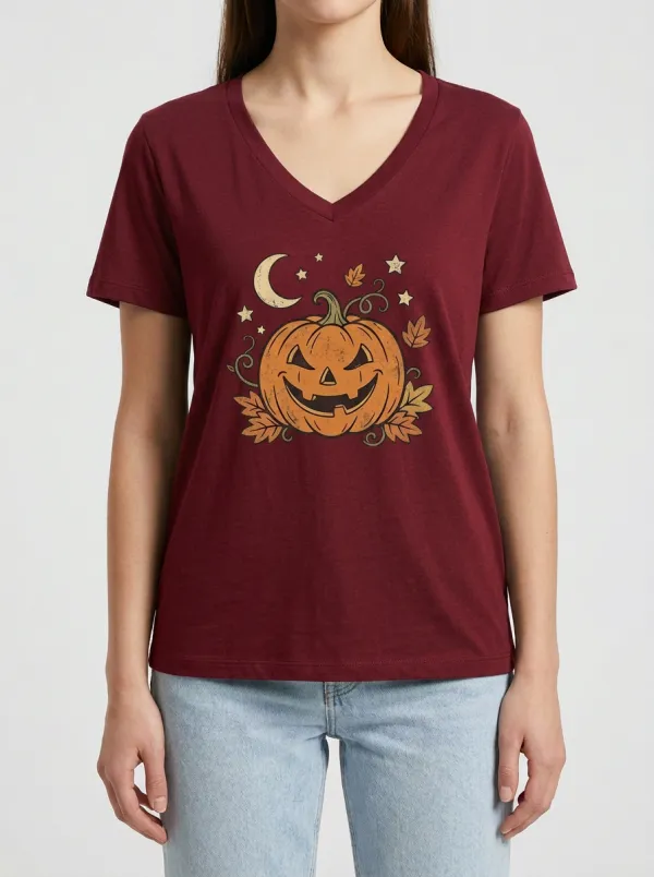 Women's Halloween Pumpkin Moon Leaves Printed V-neck T-shirt