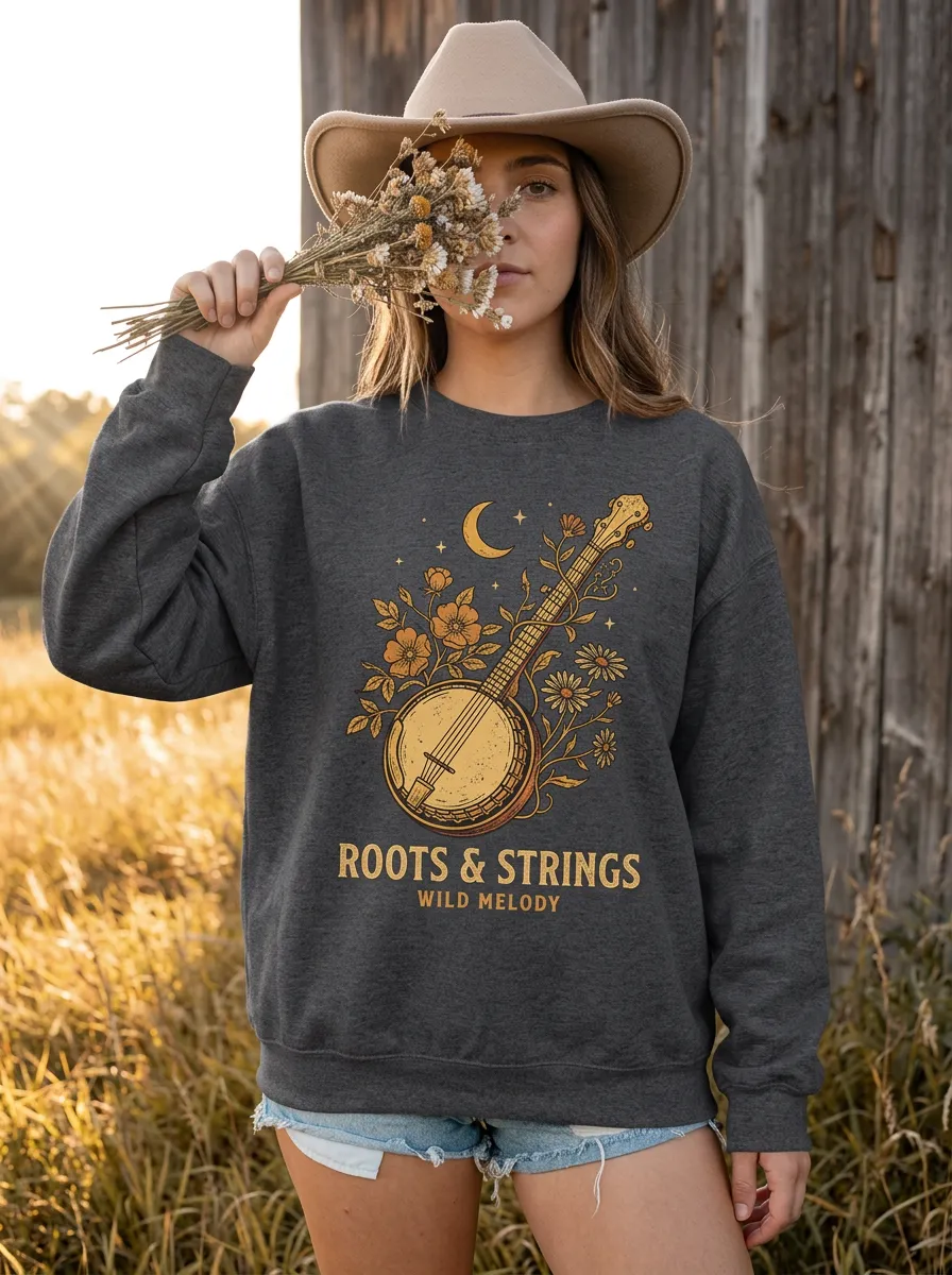 Western-Inspired Banjo Women's Country Music Crewneck Sweatshirt