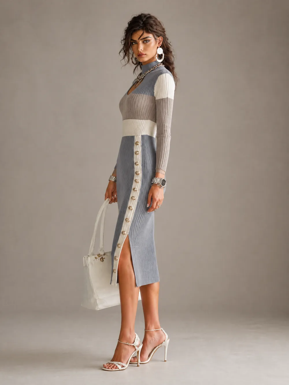 Elegant Colorblock Ribbed Knit Cutout Long Sleeve Bodycon Midi Dress with Button Slit Detail