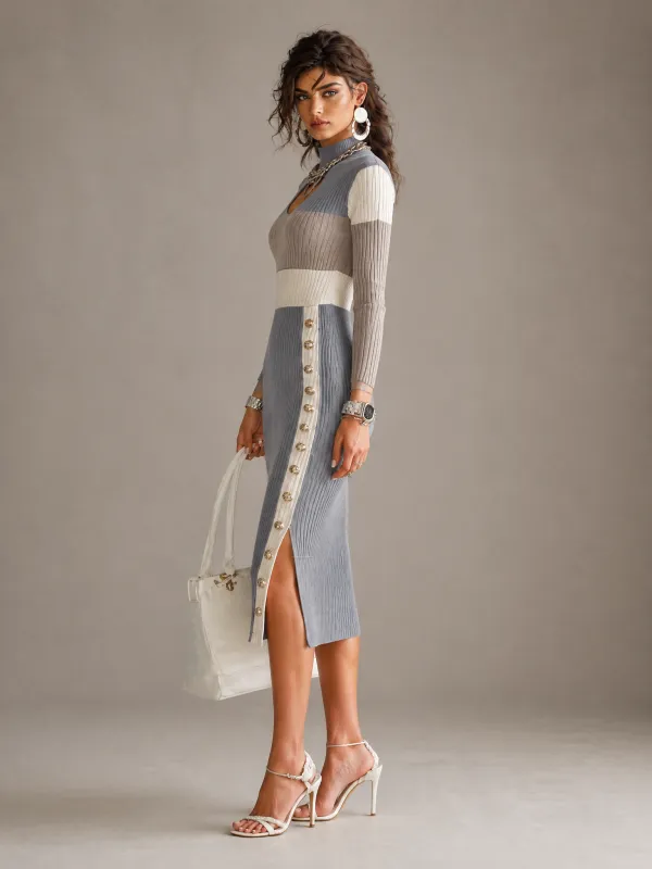 Elegant Colorblock Ribbed Knit Cutout Long Sleeve Bodycon Midi Dress with Button Slit Detail