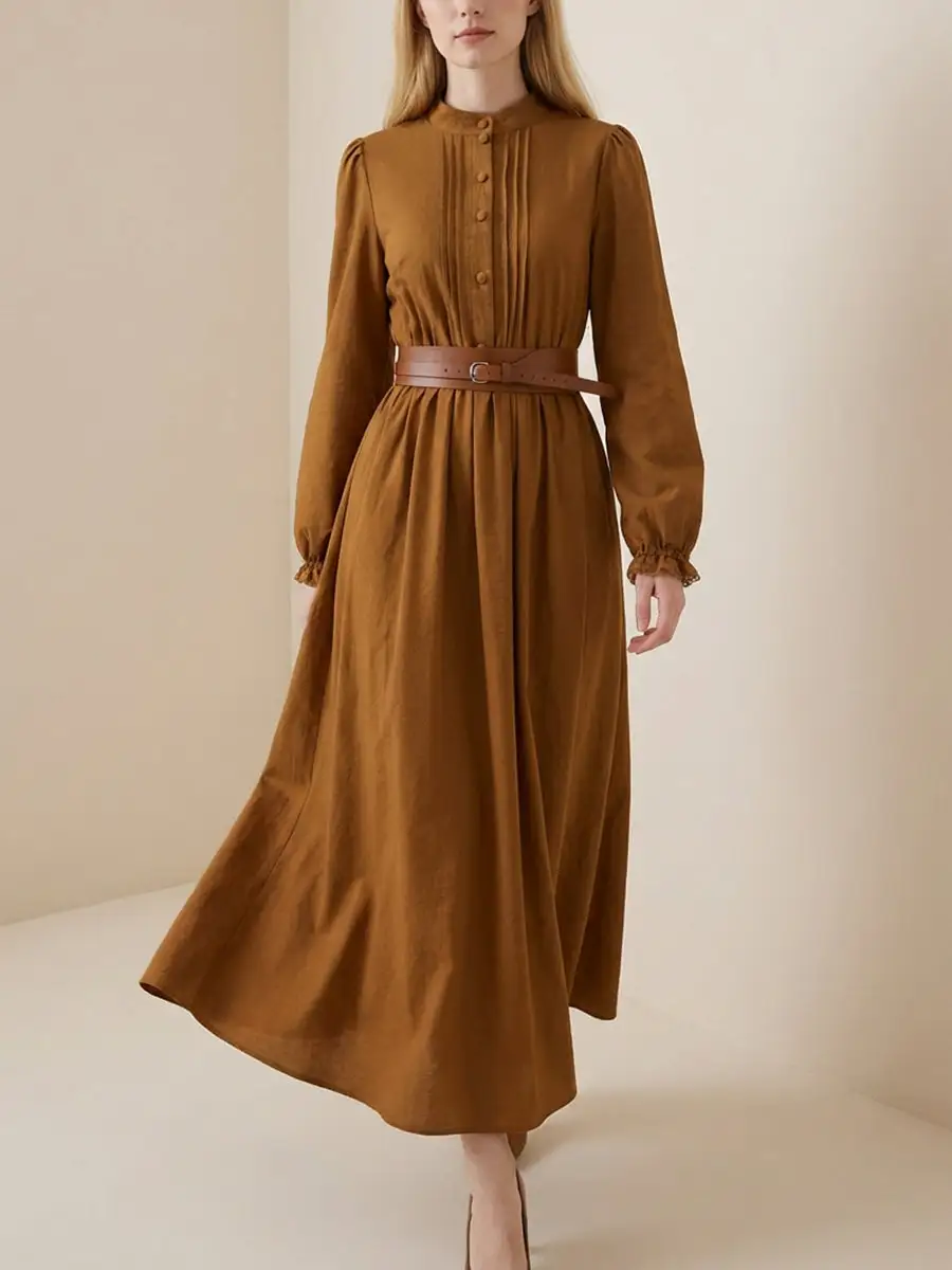 Elasticated Pleated Buttoned Belted Shirt Maxi Dress