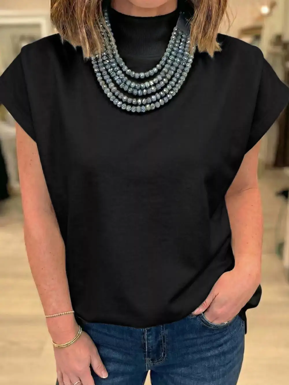 Mock Neck Cap Sleeve Blouse