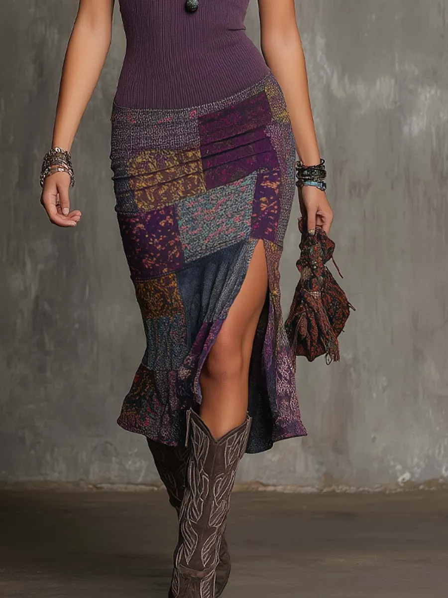 Retro Halter-Neck Knitted Floral Patchwork Midi Dress