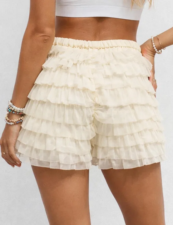 Tiered Mesh Ruffle Solid Color Elastic Waist Mini Shorts