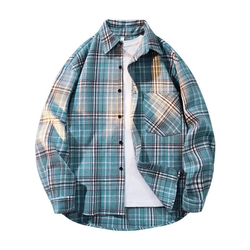Men's Checkered Oversized Flannel Shirt With Patch Pocket Round Hem And Buttoned Front