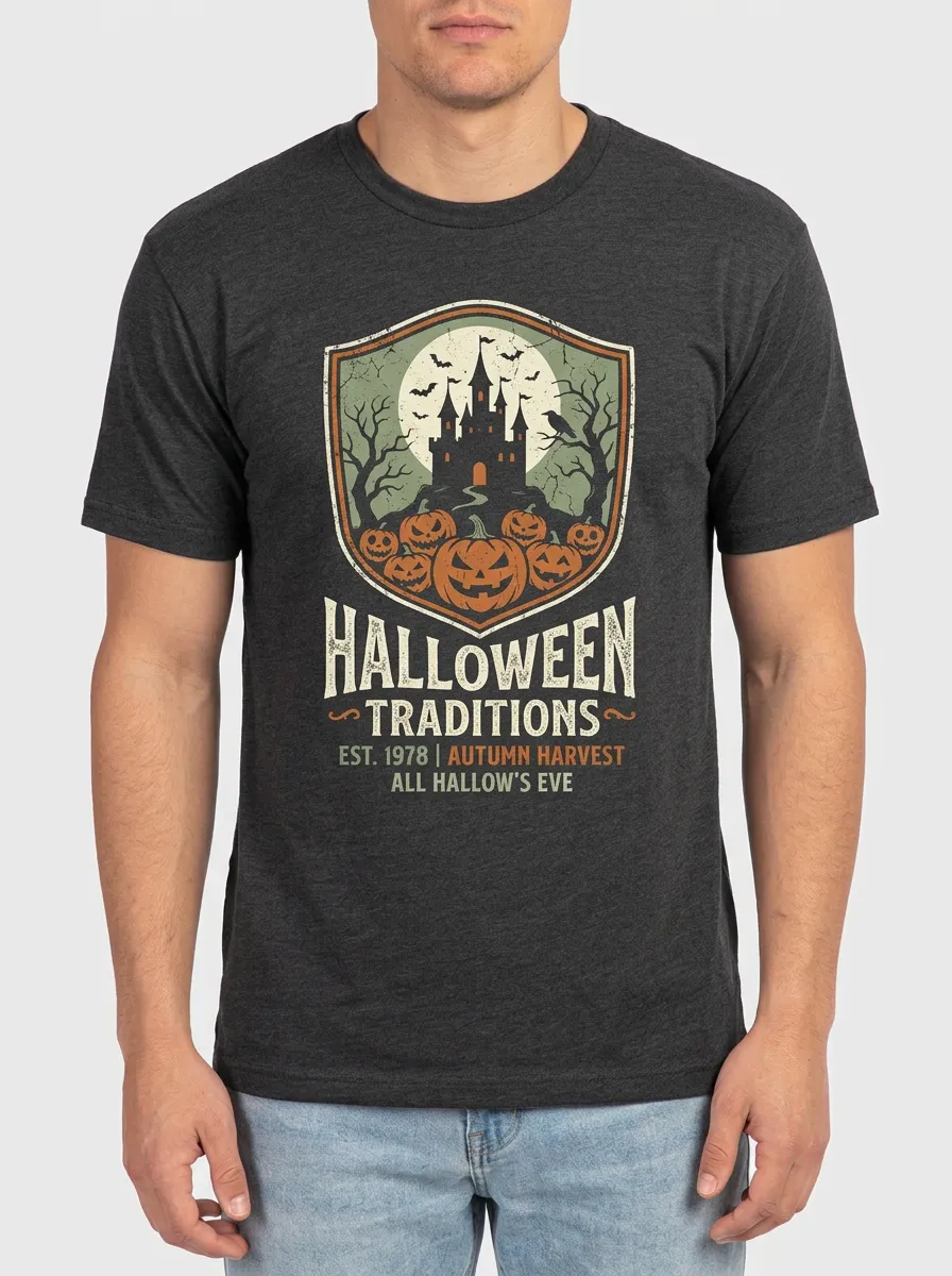 Men's Halloween Traditions Castle Pumpkin Printed T-shirt