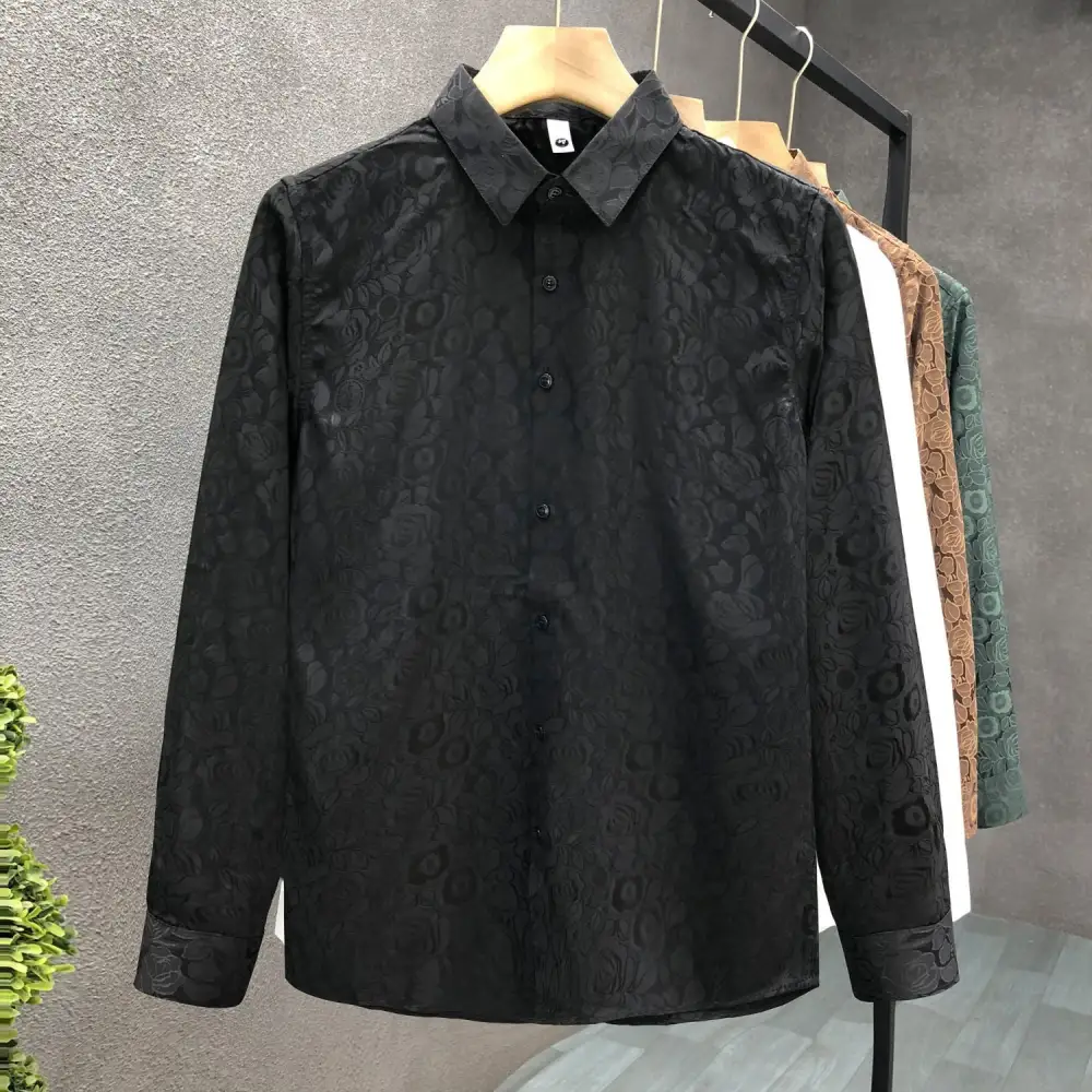 Men's Long-Sleeve Jacquard Shirt With Fine Floral Relief And Classic Collar