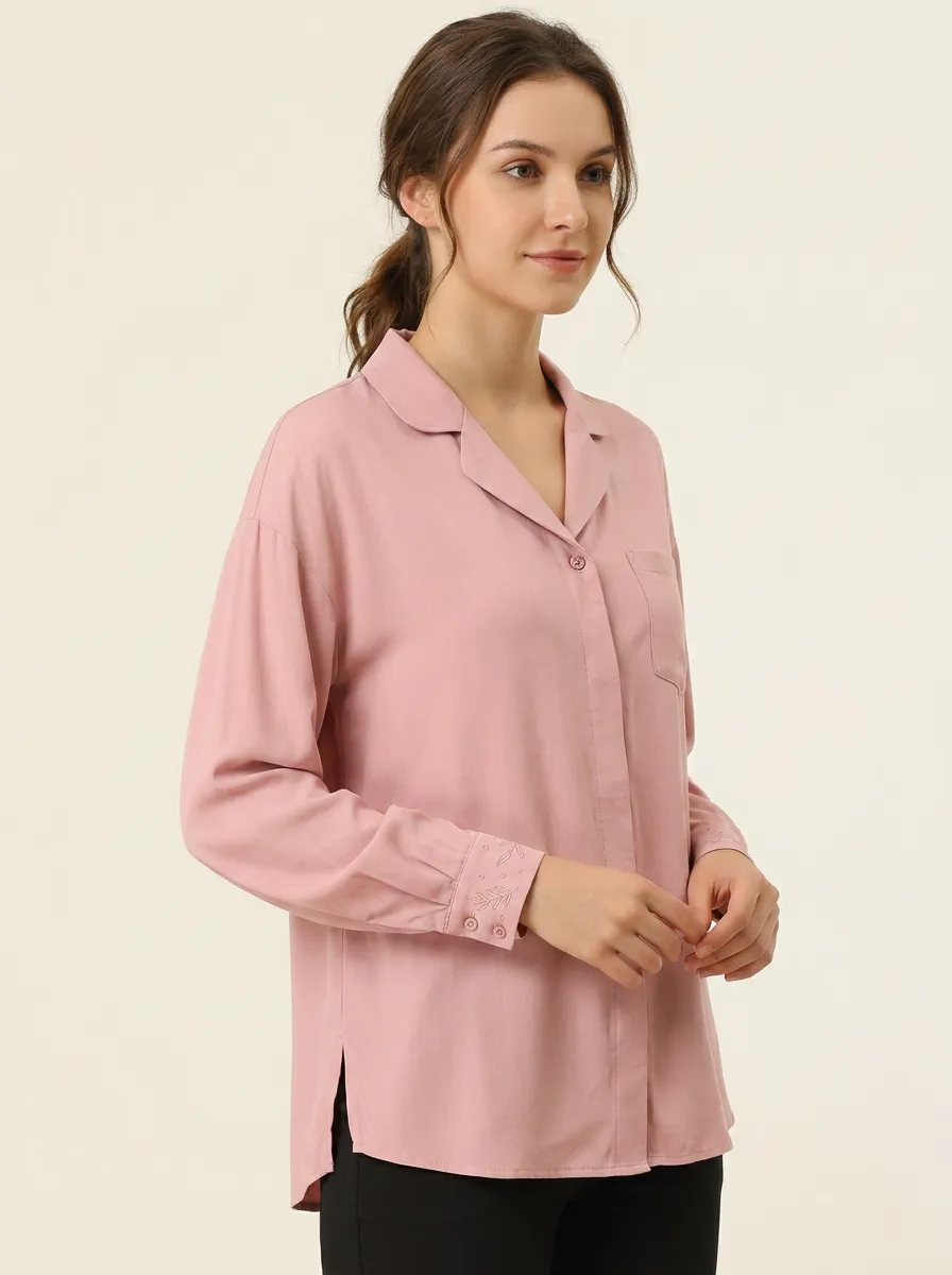 Women's Pink Floral Embroidered Cuff Button Down Shirt