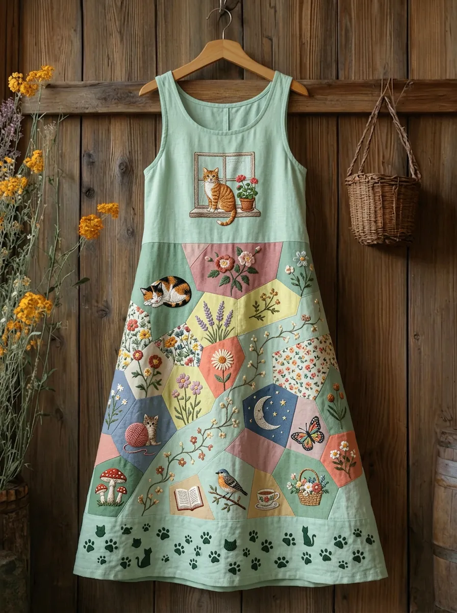 Women's Cat Lover Floral Patchwork Embroidered Cotton Linen Dress