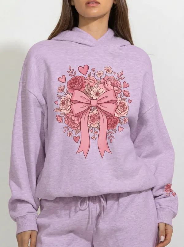 Women's Breast Cancer Awareness Pink Bow Floral Heart Printed Hoodie