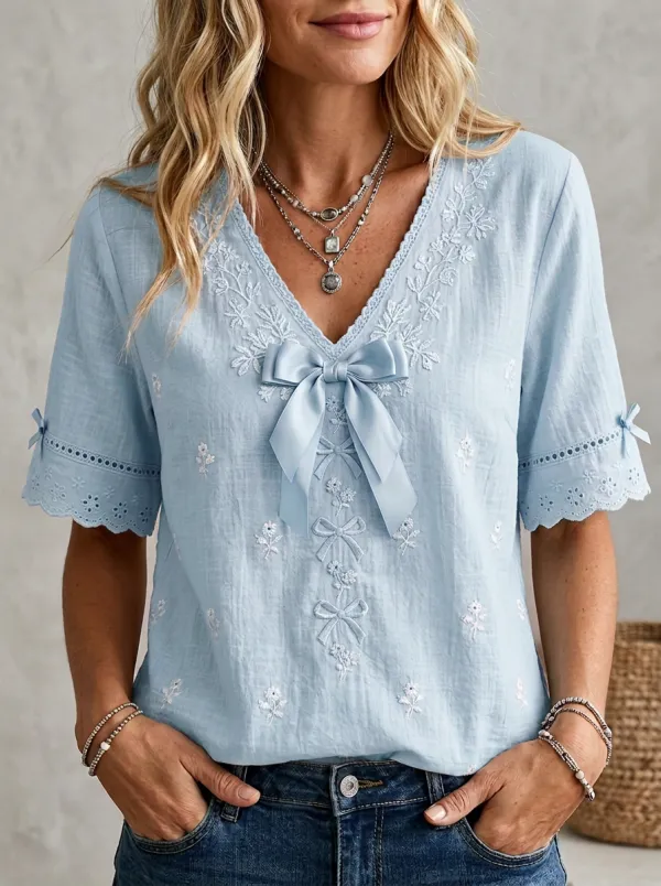 Women's Pink Bowknot Embroidered Floral Printed Top