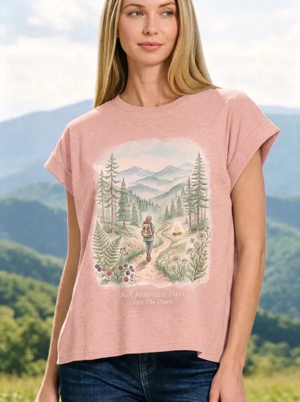 Women's Hiking Nature Lover Mountain Forest Campfire Printed T-shirt