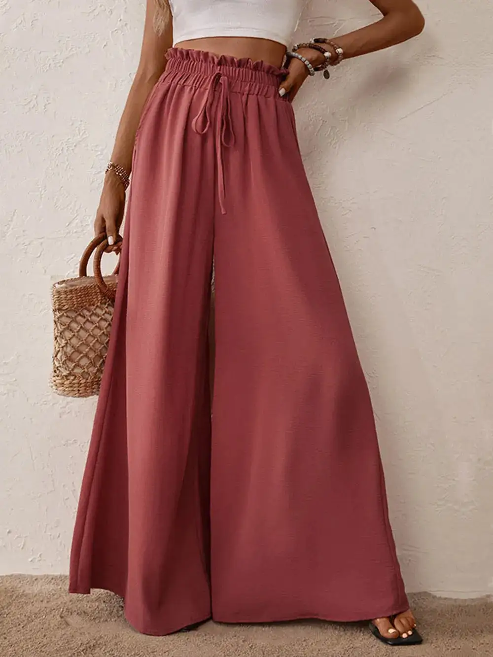 Wide Leg Tie Waist Ruffle Detail Everyday Pants