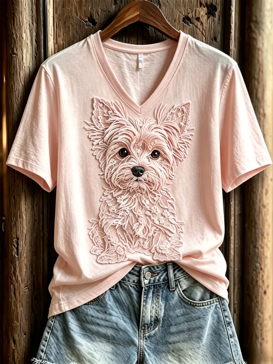 Women'S Dog Love Day Lace Art Pattern Printed V-Neck T-Shirt