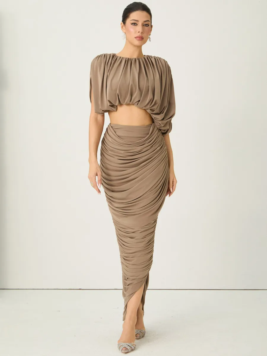 Lena Cropped Draped Top & Ruched Skirt Set