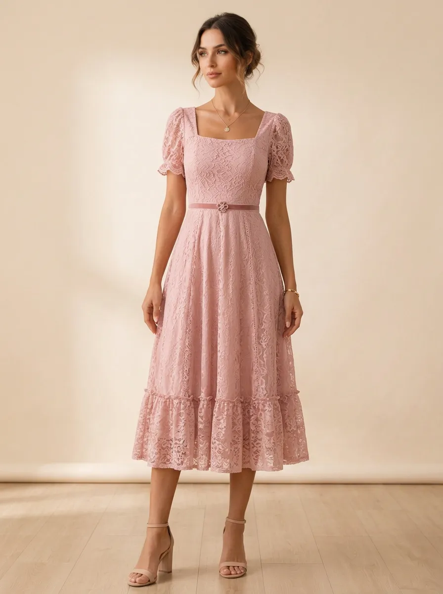 Women's Vintage Elegant Pink Floral Lace Puff Sleeve Midi Dress