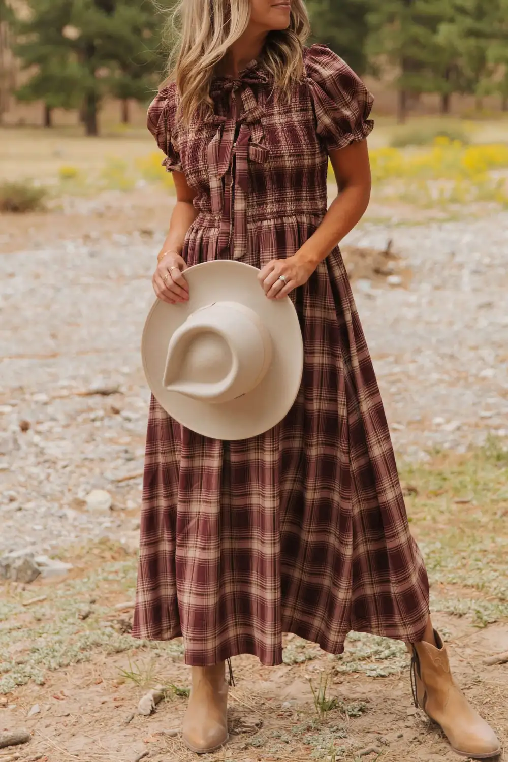 Vintage Plaid Knot Front Smocked High Waist Midi Dress
